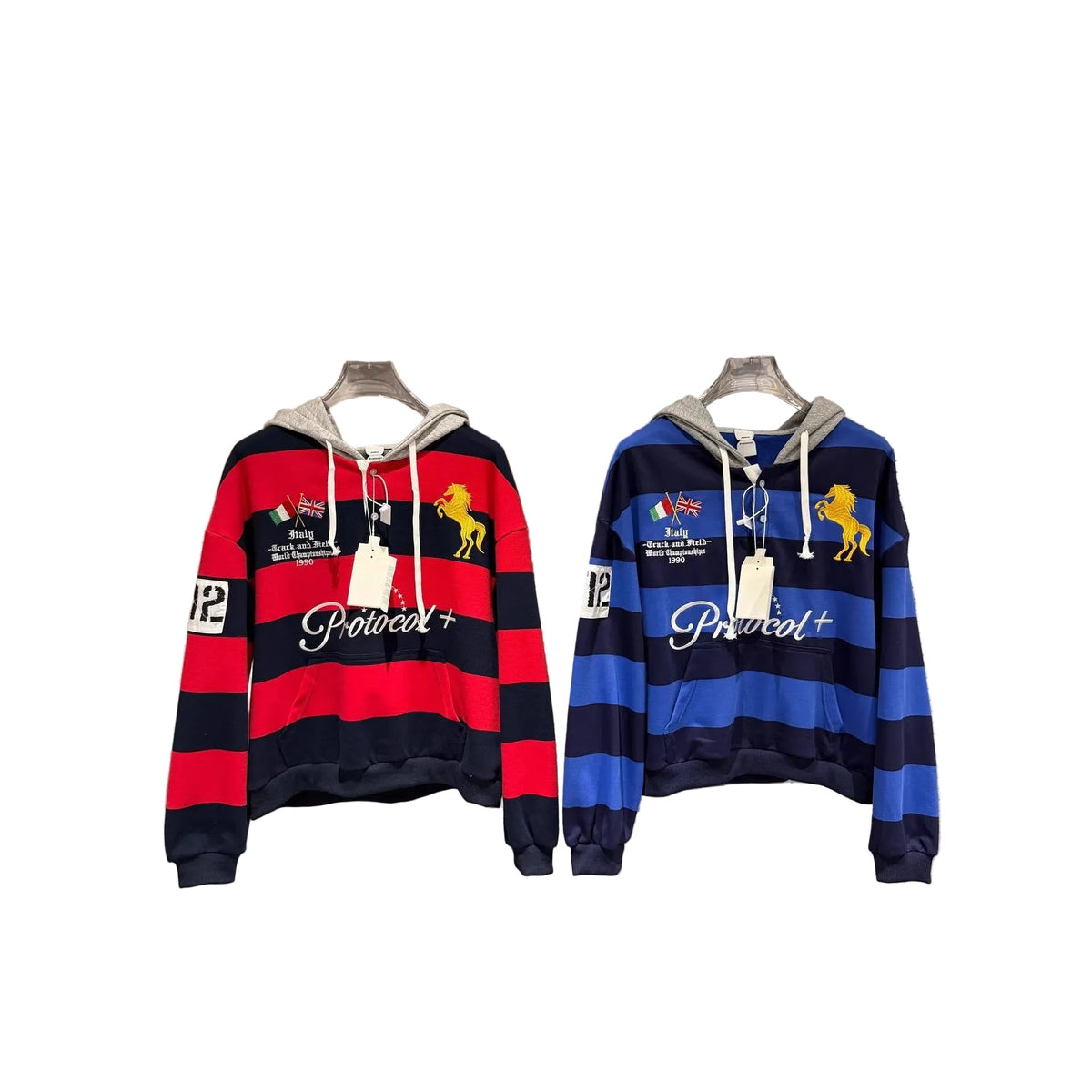 Protocol Index Striped Horse Embroidered Rugby Hoodie Unisex
