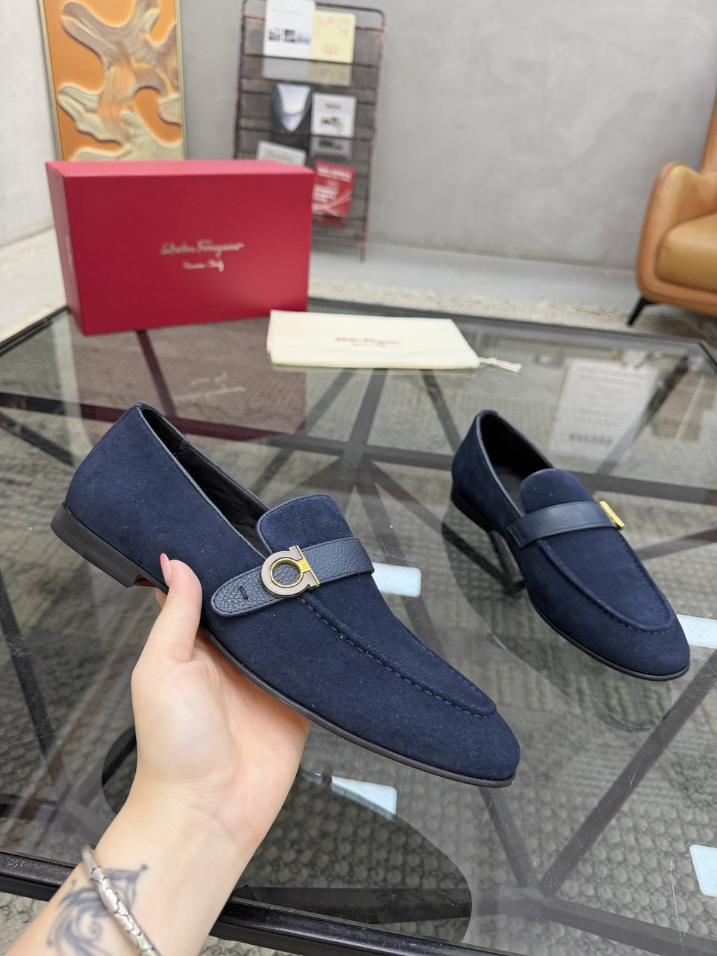Salvatore Ferragamo Men's Ring Detail Slip-On Loafers